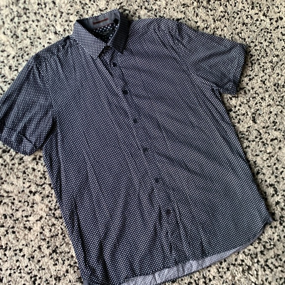 Ted Baker London Short Sleeve Shirt Button Down Casual Dress Navy Blue White 4 L - Picture 2 of 13